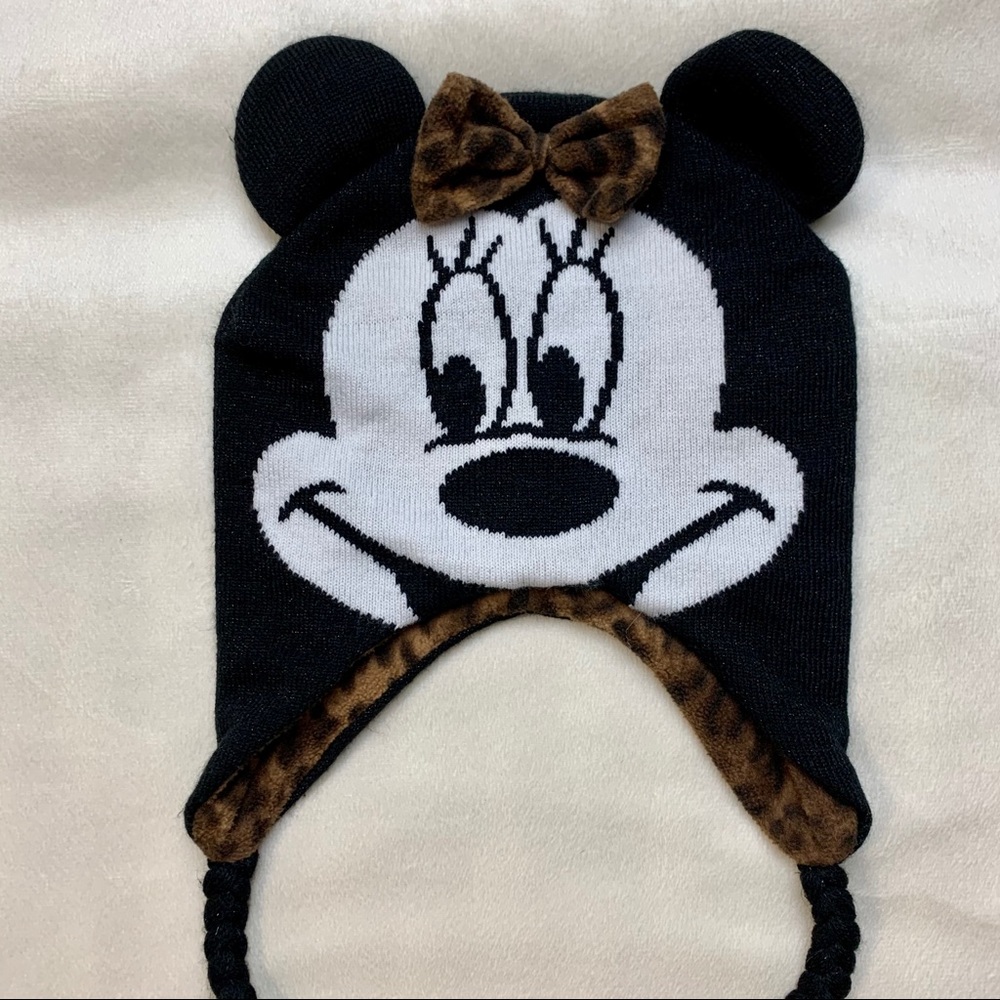 Walt Disney Mini Mouse Face with ears black white & Leopard print fleece Beanie - Picture 14 of 16